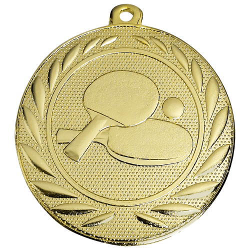 Medal złoty DI5000.ZF.01 – medal z motywem tenisa stołowego: rakietki i piłeczka w wieńcu laurowym, wykonany z metalu. Pole na grawer z tyłu. Idealny na pierwsze miejsce w turnieju tenisa stołowego.