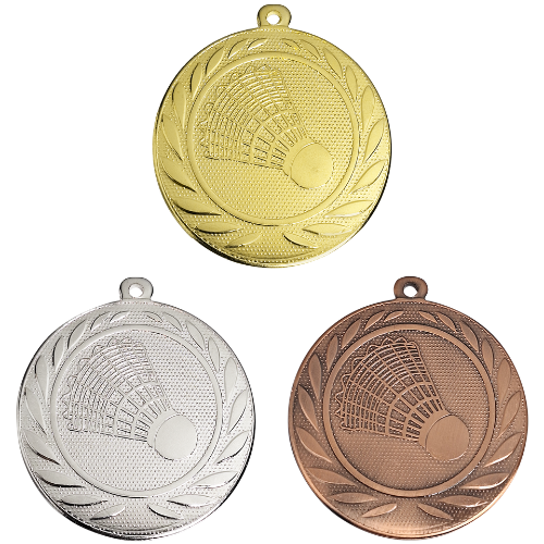 Medal DI5000.ZG – medal z motywem badmintona: lotka w wieńcu laurowym, wykonany z metalu. Pole na grawer z tyłu. Dostępny w wersji złotej, srebrnej i brązowej. Idealny na turnieje badmintona i uroczystości.