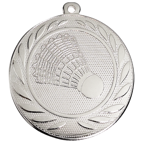 Medal srebrny DI5000.ZG.02 – medal z motywem badmintona: lotka w wieńcu laurowym, wykonany z metalu. Pole na grawer z tyłu. Idealny na drugie miejsce w turnieju badmintona.