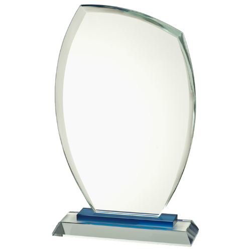 Statuetka szklana GL.029.A – owalna tafla szkła na podstawie z niebieskim akcentem, etui w zestawie. Dostępna w trzech rozmiarach. Możliwość personalizacji grawerem laserowym. Idealna na zawody sportowe, konkursy i uroczystości firmowe.