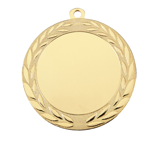 medal_me072_złoty.pngaMedal złoty ME.072.01.D – okrągły medal z wieńcem laurowym zdobiącym obrzeże, wykonany z metalu. Miejsce na emblemat z przodu oraz pole na grawer z tyłu. Idealny na pierwsze miejsce, zawody sportowe i uroczystości.
