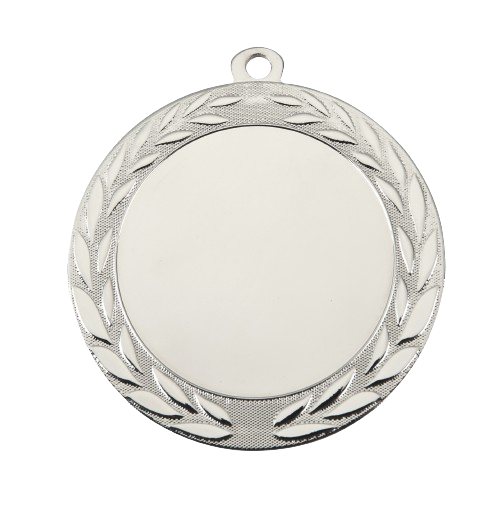 Medal srebrny ME.072.02.D – okrągły medal z wieńcem laurowym zdobiącym obrzeże, wykonany z metalu. Miejsce na emblemat z przodu oraz pole na grawer z tyłu. Idealny na drugie miejsce, zawody sportowe i uroczystości.