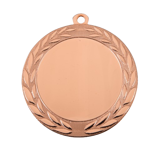 Medal brązowy ME.072.03.D – okrągły medal z wieńcem laurowym zdobiącym obrzeże, wykonany z metalu. Miejsce na emblemat z przodu oraz pole na grawer z tyłu. Idealny na trzecie miejsce, zawody sportowe i uroczystości.