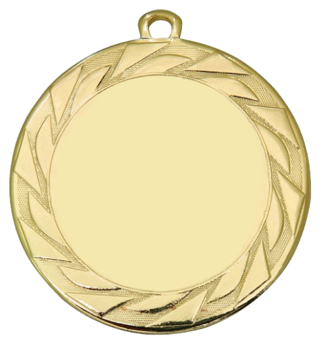 Medal złoty DI7008.01 – okrągły medal z ozdobnym wieńcem laurowym wokół obrzeża, wykonany z metalu. Miejsce na emblemat z przodu oraz pole na grawer z tyłu. Idealny na pierwsze miejsce, zawody sportowe i uroczystości.