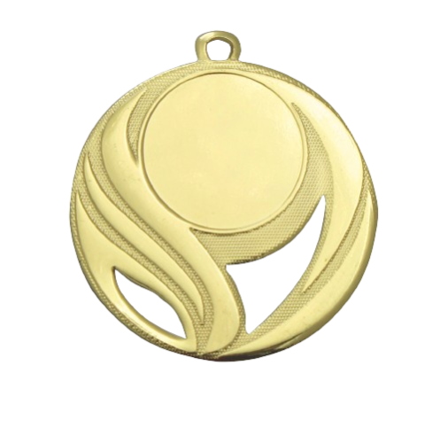 Medal złoty DI5006.01 – metalowy medal śr. 50 mm z ażurowym, płomienistym wzorem. Miejsce na emblemat śr. 25 mm z przodu oraz pole na grawer śr. 33 mm z tyłu. Idealny na pierwsze miejsce, zawody sportowe i turnieje.