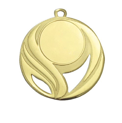 Medal złoty DI5006.01 – metalowy medal śr. 50 mm z ażurowym, płomienistym wzorem. Miejsce na emblemat śr. 25 mm z przodu oraz pole na grawer śr. 33 mm z tyłu. Idealny na pierwsze miejsce, zawody sportowe i turnieje.