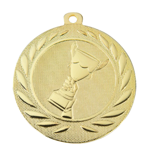 Medal złoty DI5000.A.01 – metalowy medal śr. 50 mm z wytłoczonym pucharem w wieńcu laurowym. Pole na grawer śr. 46 mm z tyłu. Idealny na pierwsze miejsce, zawody sportowe i turnieje.