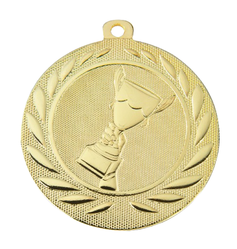 Medal złoty DI5000.A.01 – metalowy medal śr. 50 mm z wytłoczonym pucharem w wieńcu laurowym. Pole na grawer śr. 46 mm z tyłu. Idealny na pierwsze miejsce, zawody sportowe i turnieje.