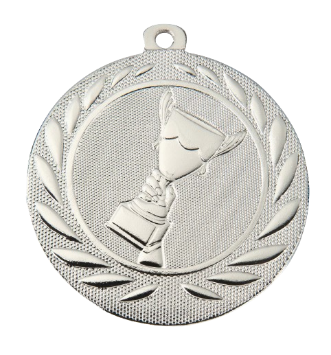 Medal srebrny DI5000.A.02 – metalowy medal śr. 50 mm z wytłoczonym pucharem w wieńcu laurowym. Pole na grawer śr. 46 mm z tyłu. Idealny na drugie miejsce, zawody sportowe i turnieje.