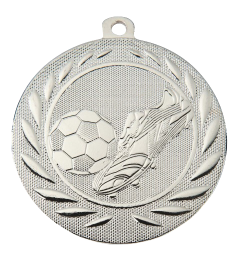 Medal srebrny DI5000.B.02 – tematyczny medal piłkarski z reliefem piłki i buta w wieńcu laurowym, wykonany z metalu. Pole na grawer z tyłu. Idealny na drugie miejsce, turnieje piłki nożnej i zawody sportowe.