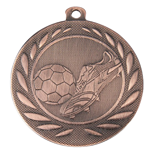 Medal brązowy DI5000.B.03 – tematyczny medal piłkarski z reliefem piłki i buta w wieńcu laurowym, wykonany z metalu. Pole na grawer z tyłu. Idealny na trzecie miejsce, turnieje piłki nożnej i zawody sportowe.