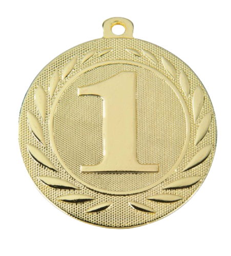 Medal złoty DI5000.D.01 – metalowy medal śr. 50 mm z wytłoczoną cyfrą „1" w wieńcu laurowym. Pole na grawer śr. 46 mm z tyłu. Idealny na pierwsze miejsce w zawodach sportowych i turniejach.