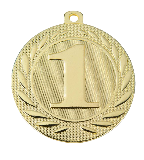 Medal złoty DI5000.D.01 – metalowy medal śr. 50 mm z wytłoczoną cyfrą „1" w wieńcu laurowym. Pole na grawer śr. 46 mm z tyłu. Idealny na pierwsze miejsce w zawodach sportowych i turniejach.