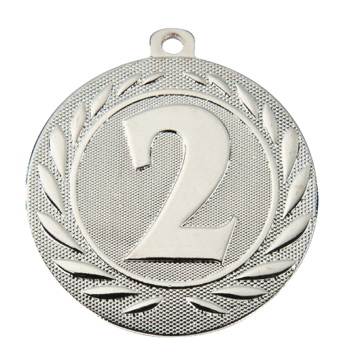 Medal srebrny DI5000.E.02 – metalowy medal śr. 50 mm z wytłoczoną cyfrą „2" w wieńcu laurowym. Pole na grawer śr. 46 mm z tyłu. Idealny na drugie miejsce w zawodach sportowych i turniejach.