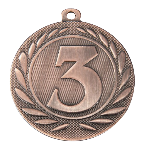 Medal brązowy DI5000.F.03 – metalowy medal śr. 50 mm z wytłoczoną cyfrą „3" w wieńcu laurowym. Pole na grawer śr. 46 mm z tyłu. Idealny na trzecie miejsce w zawodach sportowych i turniejach.