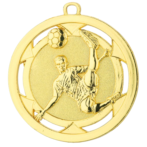 Medal złoty D4A.01 – medal piłkarski z reliefem zawodnika w przewrotce i ażurową obręczą, wykonany z zamaku. Idealny na pierwsze miejsce, turnieje piłki nożnej i zawody sportowe.