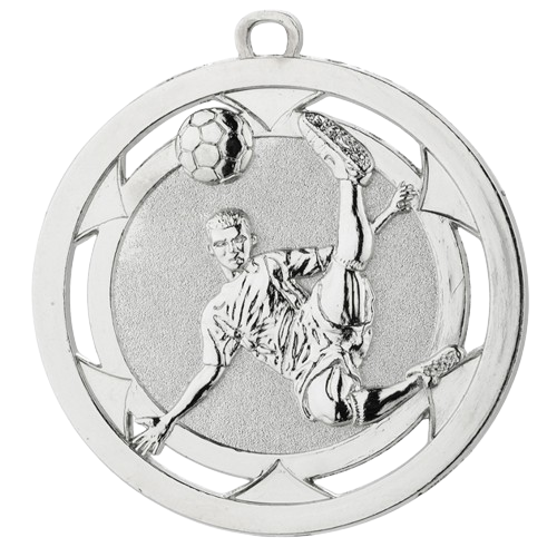 Medal srebrny D4A.02 – medal piłkarski z reliefem zawodnika w przewrotce i ażurową obręczą, wykonany z zamaku. Idealny na drugie miejsce, turnieje piłki nożnej i zawody sportowe.