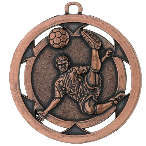 Medal brązowy D4A.03 – medal piłkarski z reliefem zawodnika w przewrotce i ażurową obręczą, wykonany z zamaku. Idealny na trzecie miejsce, turnieje piłki nożnej i zawody sportowe.