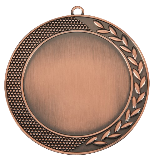 Medal brązowy D58.03 – elegancki okrągły medal z gałązką laurową i ozdobną teksturą na obrzeżu, wykonany z zamaku. Miejsce na emblemat z przodu oraz pole na grawer z tyłu. Idealny na trzecie miejsce, zawody sportowe i uroczystości.