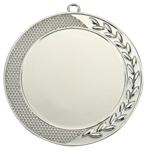 Medal srebrny D58.02 – elegancki okrągły medal z gałązką laurową i ozdobną teksturą na obrzeżu, wykonany z zamaku. Miejsce na emblemat z przodu oraz pole na grawer z tyłu. Idealny na drugie miejsce, zawody sportowe i uroczystości.