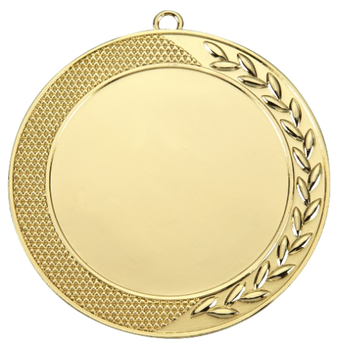 Medal złoty D58.01 – elegancki okrągły medal z gałązką laurową i ozdobną teksturą na obrzeżu, wykonany z zamaku. Miejsce na emblemat z przodu oraz pole na grawer z tyłu. Idealny na pierwsze miejsce, zawody sportowe i uroczystości.