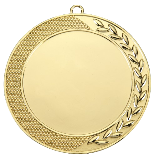 Medal złoty D58.01 – elegancki okrągły medal z gałązką laurową i ozdobną teksturą na obrzeżu, wykonany z zamaku. Miejsce na emblemat z przodu oraz pole na grawer z tyłu. Idealny na pierwsze miejsce, zawody sportowe i uroczystości.