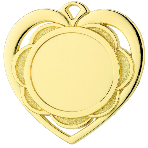 Medal złoty serce D87.01 – metalowy medal w kształcie serca, śr. 50 mm, wykonany z zamaku. Miejsce na emblemat śr. 25 mm z przodu oraz pole na grawer śr. 33 mm z tyłu. Idealny na pierwsze miejsce, zawody sportowe i uroczystości.