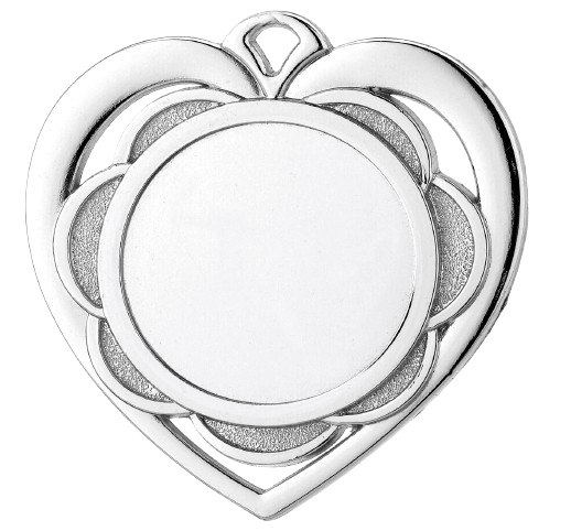 Medal srebrny serce D87.02 – metalowy medal w kształcie serca, śr. 50 mm, wykonany z zamaku. Miejsce na emblemat śr. 25 mm z przodu oraz pole na grawer śr. 33 mm z tyłu. Idealny na drugie miejsce, zawody sportowe i uroczystości.