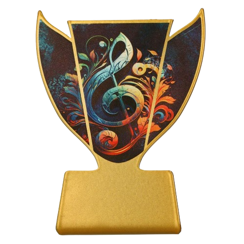 Statuetka metalowa Symfonia SL-MUS z kolorowym motywem klucza wiolinowego. Idealna nagroda na konkursy muzyczne, festiwale, przeglądy wokalne i wydarzenia artystyczne. Metalowa statuetka z miejscem na tabliczkę z grawerem.