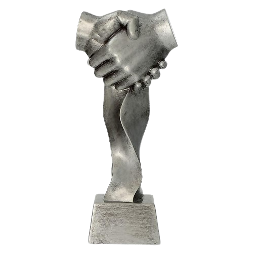 Statuetka odlewana RFST3019/S Współpraca w srebrnym wykończeniu to elegancka nagroda na podziękowania, jubileusze i wyróżnienia biznesowe. Motyw uścisku dłoni podkreśla partnerstwo oraz zaufanie. Miejsce na tabliczkę z nadrukiem.
